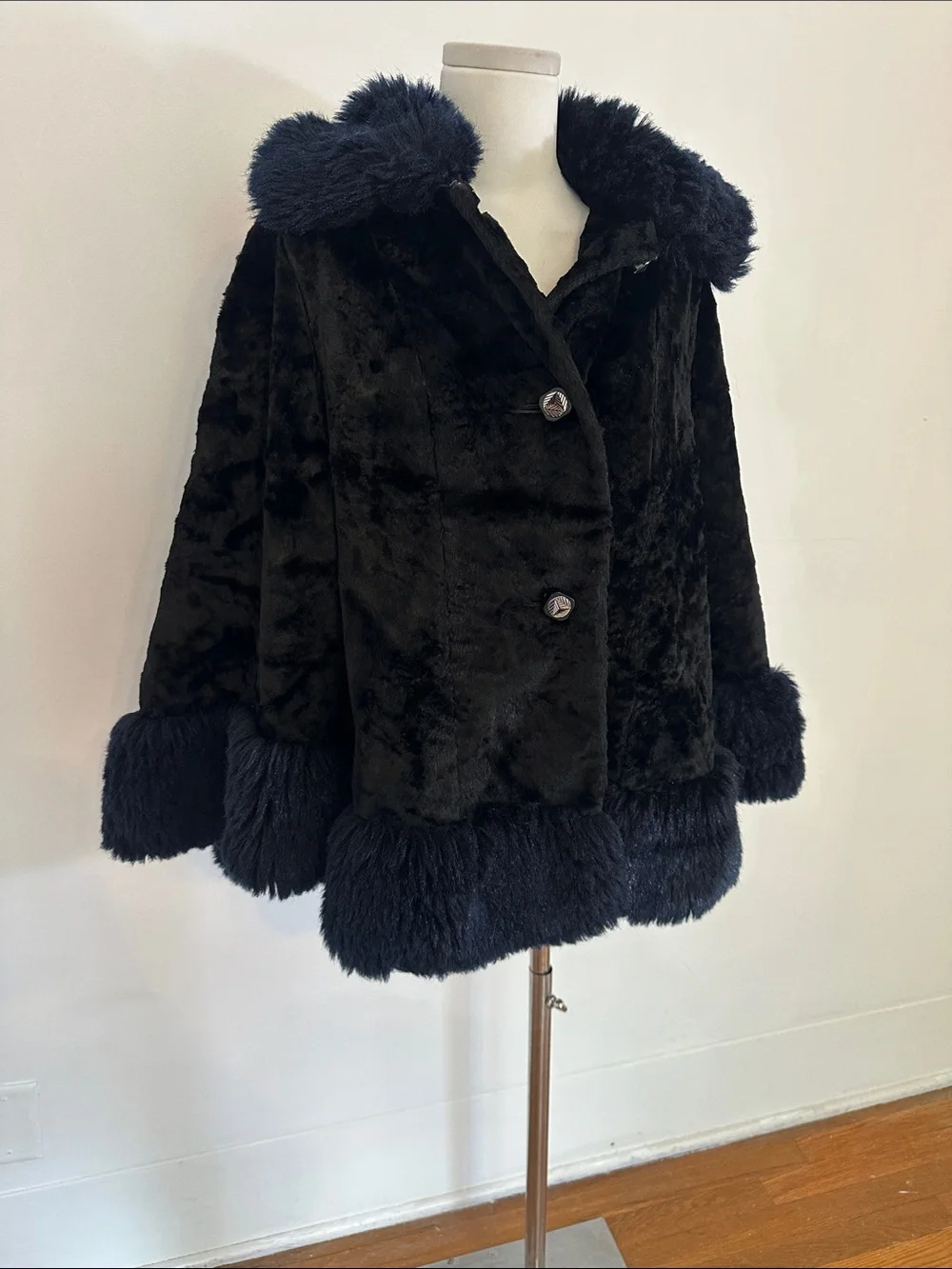 Vintage 60s Black Velvet Lush Navy Faux Fur Penny Lane Cape One Size - Picture 2 of 6